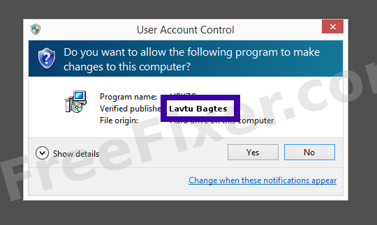 Screenshot where Lavtu Bagtes appears as the verified publisher in the UAC dialog